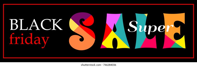 A narrow horizontal black banner. Abstract vector banners with bright Colored letters SALE. Black Friday super Sale. 