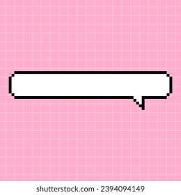 A narrow horizontal rectangular frame in the shape of a pixel dialog box on a pink checkered background. Vector element in 8-bit retro gaming style, bubble.