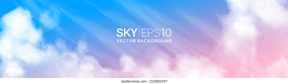 Narrow horizontal vector banner with realistic pink-blue sky and cumulus clouds. The image can be used to design a flyer and postcard.