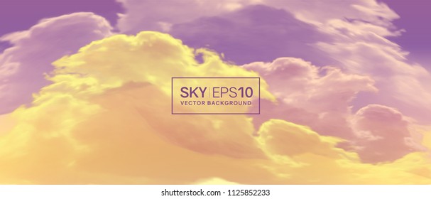 Narrow horizontal vector banner with realistic violet-orange sky and cumulus clouds. The image can be used to design a flyer and postcard.
