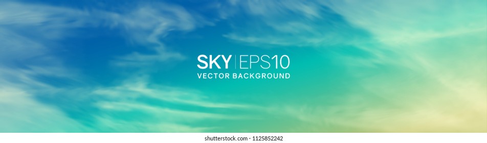 Narrow horizontal vector banner with realistic turquoise-yellow sky and spindrift clouds. The image can be used to design a flyer and postcard.