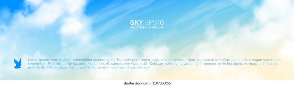 Narrow horizontal vector banner with realistic beige-blue sky and cumulus clouds. The image can be used to design a flyer and postcard.