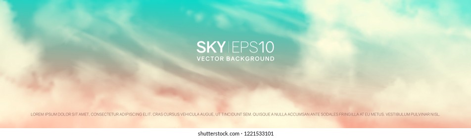 Narrow horizontal vector banner with realistic pink-blue sky and cumulus clouds. The image can be used to design a flyer and postcard.