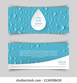 A narrow horizontal vector banner with transparent realistic drops in the background, a frame for the logo in the form of a droplet in the center and a place for text. Flyer design elements.