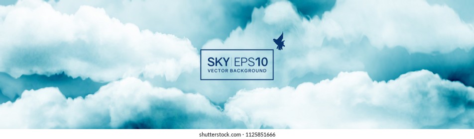 Narrow horizontal vector banner with watercolor blue-white sky and cumulus clouds. The image can be used to design a flyer and postcard.