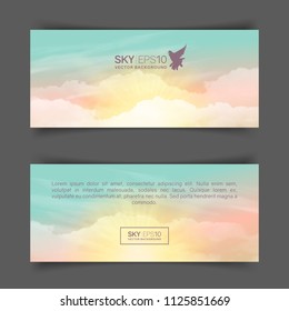 Narrow horizontal vector banners with realistic turquoise-yellow sky and cumulus clouds. The image can be used to design a flyer and postcard.