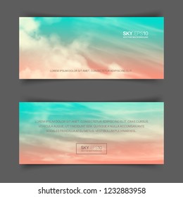 Narrow horizontal vector banners with realistic pink-blue sky and cumulus clouds. The image can be used to design a flyer and postcard.
