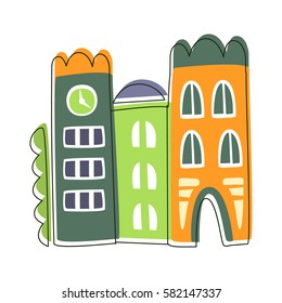 Narrow Houses Stuck To Each Other, Cute Fairy Tale City Landscape Element Outlined Cartoon Illustration