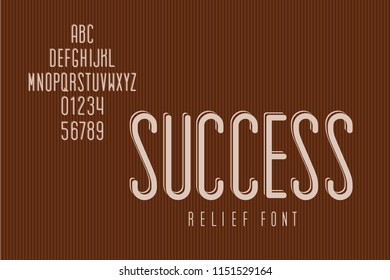 Narrow Inverted Relief Font Called Success with Up Arrow Shape Hand Crafted Lettering Composition - Beige Caps and Numerals on Striped Texture Background - Vector Retro Style Typography Design