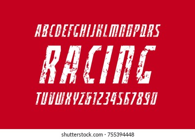 Narrow italic sans serif font in the sport style. Letters and numbers with rust texture for logo and title design. White print on red background