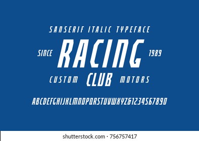 Narrow italic sans serif font in the sport style. Letters and numbers for logo and title design. White print on blue background