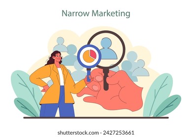 Narrow marketing focus concept. Demonstrates targeted approach in identifying specific customer groups for tailored marketing strategies. Key for specialized market engagement. Vector illustration.