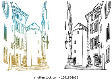 Narrow medieval street in Provence. Urban line sketch. Hand drawn style. Colorful and Black and white vector illustration on white background