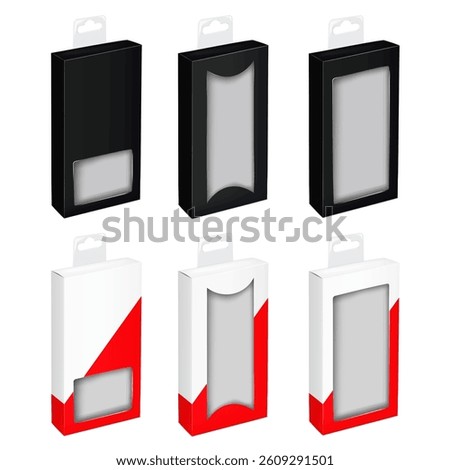 Narrow paperboard box with cut out window, tuck-in flap, euro hole clear plastic tab. 3d mock-up set. Black, white, red. Easy editable. Hanging carton container. Realistic vector mockup. Template