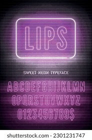 Narrow pink neon font with numbers on dark brick wall background. Vector hollow lips night light box sign