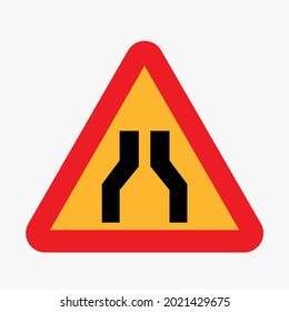 narrow road ahead traffic sign vector icon - yellow and red colored 