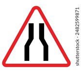 Narrow road ahead warning sign, red triangle, black arrow, traffic symbol, Cautionary Road Sign.