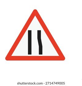 Señal de tráfico de Narrow Road Right Ahead advirtiendo a los conductores de una carretera que se estrecha en el lado derecho. Comúnmente utilizado para garantizar la conducción segura, la conciencia del tráfico y la seguridad vial en carreteras y calles urbanas.