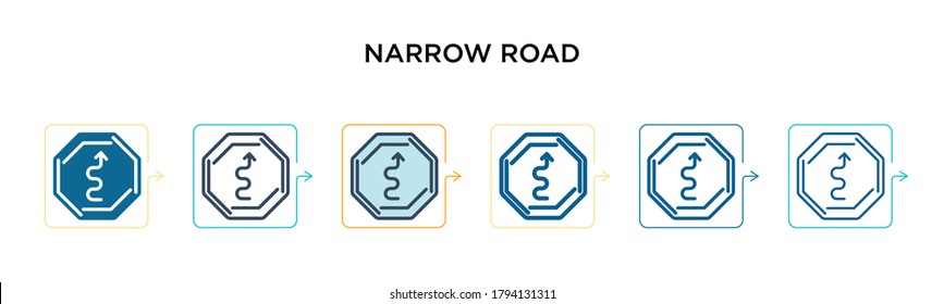 Narrow road sign vector icon in 6 different modern styles. Black, two colored narrow road sign icons designed in filled, outline, line and stroke style. Vector illustration can be used for web, 