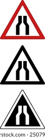 Narrow Road Signs. Warning Road Signs. Red, Black, and White Vector Icons