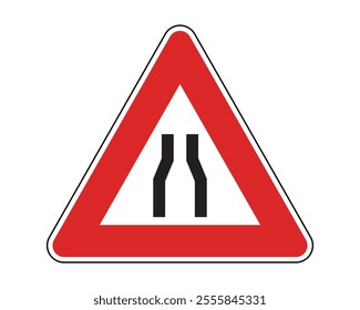 Narrow Road Warning Sign Featuring Red Triangle and Black Converging Lines Icon, Indicating a Reduction in Road Width Ahead, Available as a Vector File