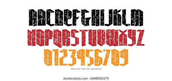 Narrow sans serif font in black letter style. Letters and numbers with rust texture for label and emblem design. Black print on white background