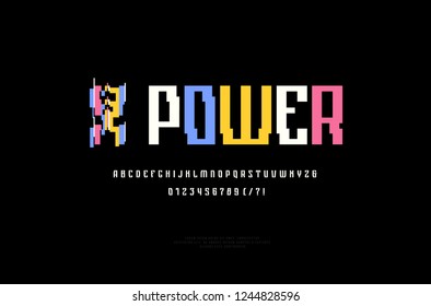 Narrow sans serif font in cyber style. Letters and numbers for sci-fi, cosmic logo and emblem design. Color print on black background