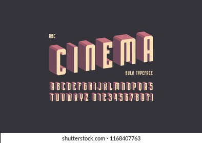 Narrow sans serif font with drop shadow. Letters and numbers for cinema, sport, retro logo and title design. Color print on black background