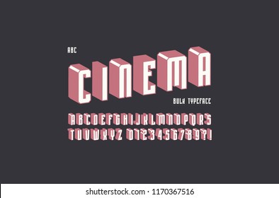 Narrow Sans Serif Font With Drop Shadow. Letters And Numbers For Cinema, Sport, Retro Logo And Title Design. Color Print On Black Background