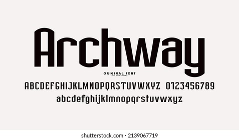 Narrow sans serif font in laconic strict style. Letters and numbers for logo and label design. Black print on white background