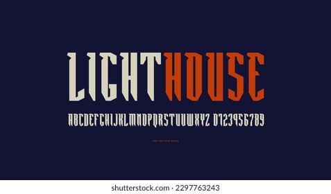 Narrow sans serif font in military style. Letters and numbers for logo and emblem design