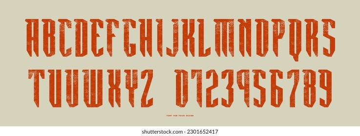 Narrow sans serif font in military style. Letters and numbers with rough texture for logo and emblem design