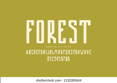 Narrow sans serif font with rounded corners. Letters and numbers for logo and emblem design. White print on green background