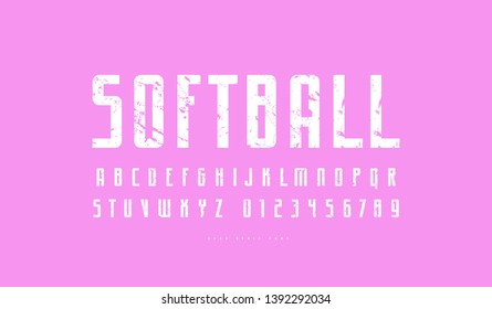 Narrow sans serif font in sport style. Letters and numbers with vintage texture for athletic logo and emblem design. White print on pink background