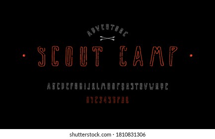 Narrow sans serif font in the style of handmade graphic. Hollow letters and numbers with rough texture for logo and t-shirt design. Color print on black background