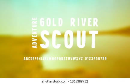 Narrow sans serif font in the style of handmade graphic. Letters and numbers for logo and emblem design. White print on blurred background