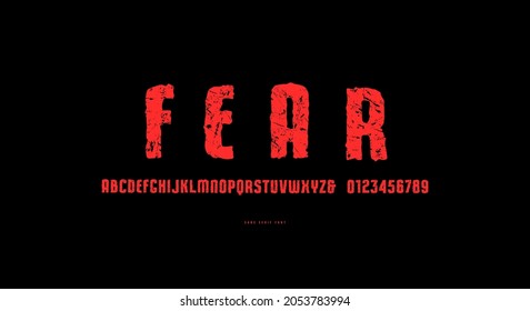 Narrow sans serif font in the style of hand drawn graphic. Letters and numbers with vintage texture for movie, halloween logo and headline design. Vector illustration