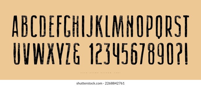 Narrow sans serif font in the style of hand drawn graphic. Letters and numbers with rough texture for logo and t-shirt design