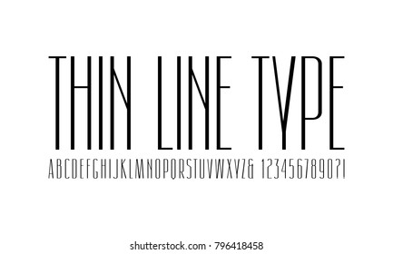 Narrow sans serif font. Thin line typeface. Letters and numbers for logo and title design. Isolated on white background