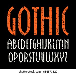 Narrow sanserif font in new gothic style. Letters with shabby texture. Print on black background