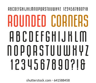 Narrow sanserif font with rounded corners. Medium face. Design for titles and logos. Isolated on white background