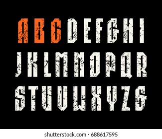 Narrow sanserif font in sport style. Letters with rough texture. Print on black background