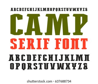Narrow serif font in military style. Isolated on white background
