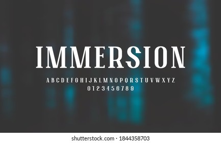 Narrow serif font in newspaper style. Letters and numbers for logo and headline design. White print on blurred background