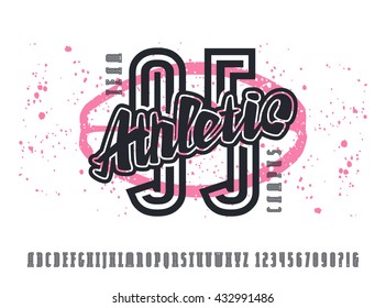 Narrow serif font and numbers with contour. Graphic design for t-shirt.  Print on white background