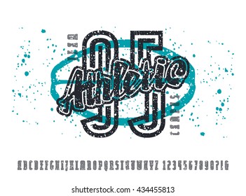 Narrow serif font and numbers with contour. Typeface with shabby texture. Graphic design for t-shirt.  Print on white background