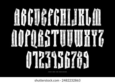 Narrow serif font in retro style. Letters and numbers with rust texture for logo and emblem design