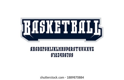 Narrow serif font in the sport style. Letters and numbers for logo and emblem design. Color print on white background