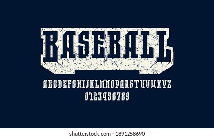 Narrow serif font in the sport style. Letters and numbers with rough texture for logo and emblem design. White print on black background