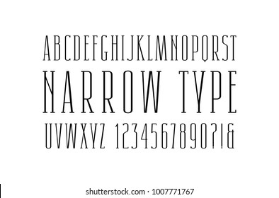 Narrow serif font. Thin line typeface. Letters and numbers for logo and title design. Isolated on white background